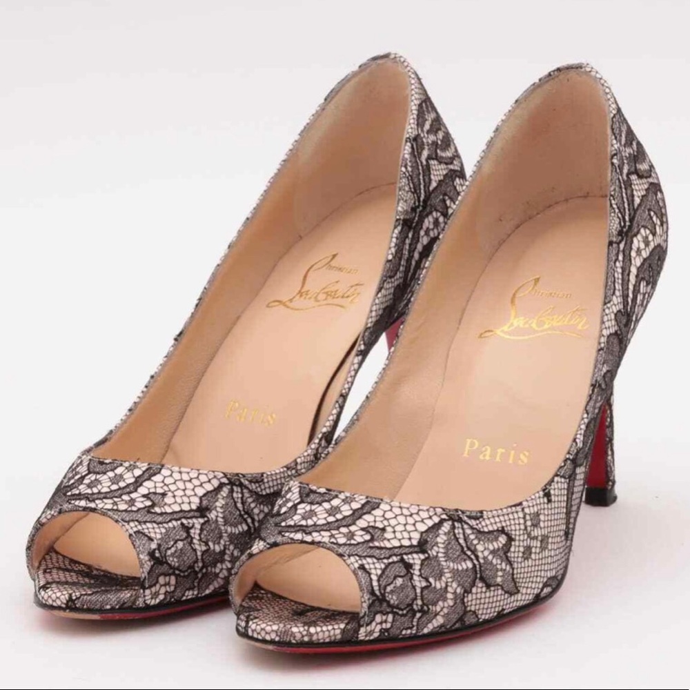 Christian Louboutin Lace Open Toe Pumps Womens Black x Beige SHELLEY